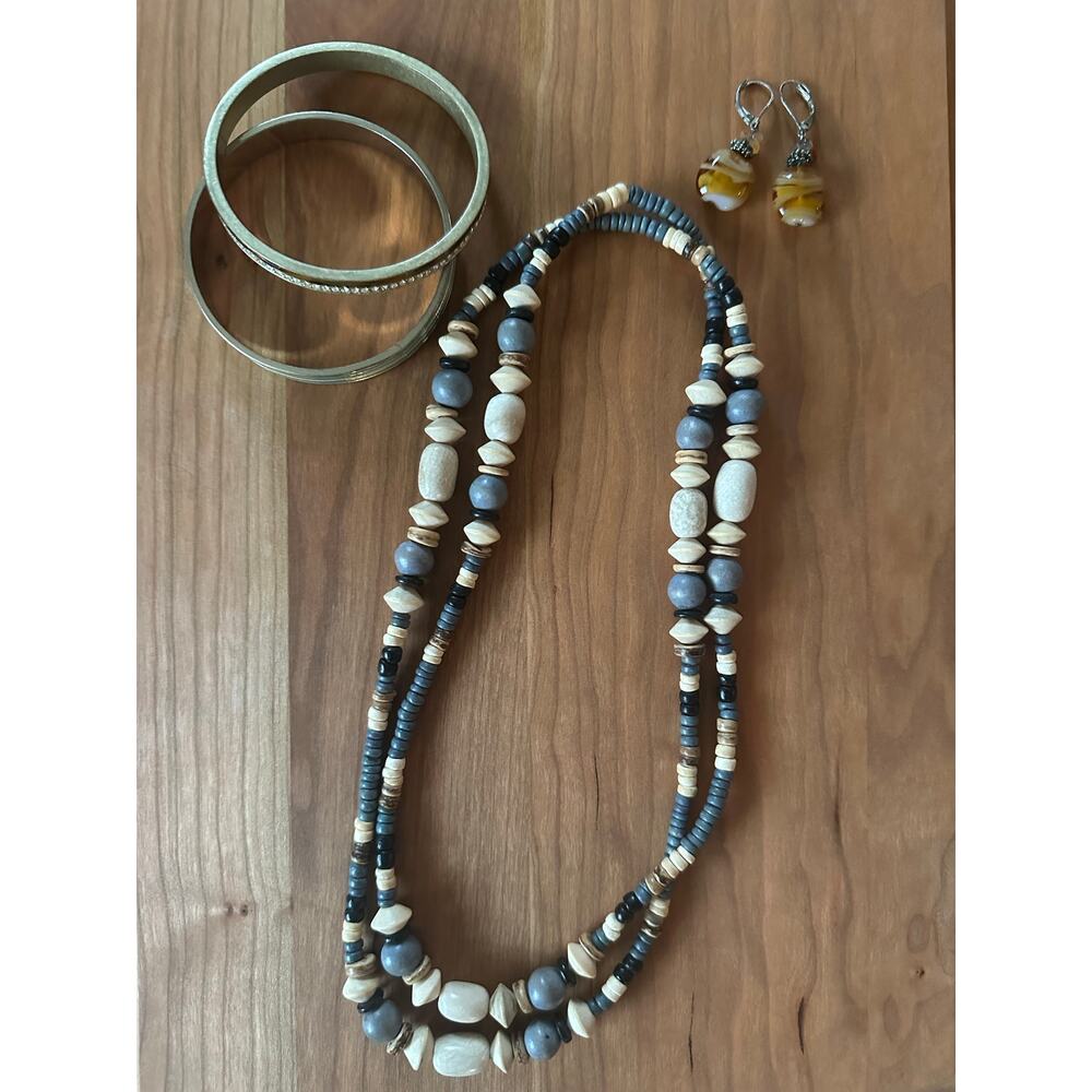 Boho Jewelry Set Lia Sophia Bangle Beaded Necklace Earrings Earthy Tones